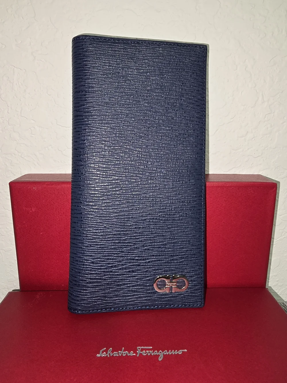 Salvatore Ferragamo Navy Textured Leather Long Card Holder with Silver Logo